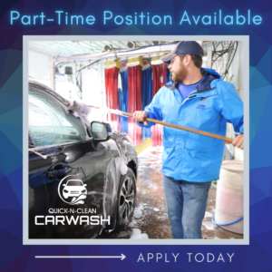 photo of a man cleaning a car with text saying part-time position available, Quick N Clean, Apply Today