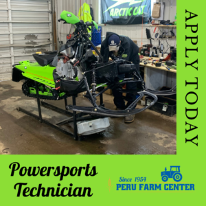 photo of a man working on a snowmobile with text saying apply today, powersports technician, Peru Farm Center 